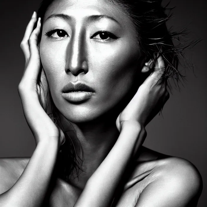 Prompt: photography face portrait on a tropical background of a beautiful woman like dichen lachman, black and white photography portrait, skin grain detail, high fashion, 8 k, ultra sharp focus, studio lighting film noir style photography, by richard avedon, and paolo roversi and nick knight, and hellmut newton,