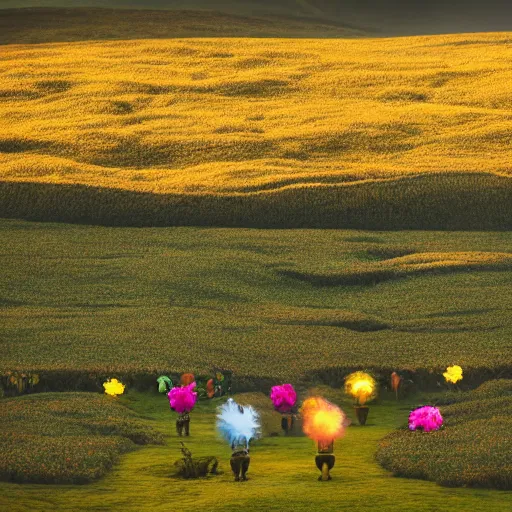 Prompt: a field of sinister teletubbies, film still, moody lighting, cinematic shot, vaporwave, dark and creepy, teletubbies in a field of flowers, the sun is a baby smiling sinisterly, 4 k, 8 k, masterpiece photo, award winning photography