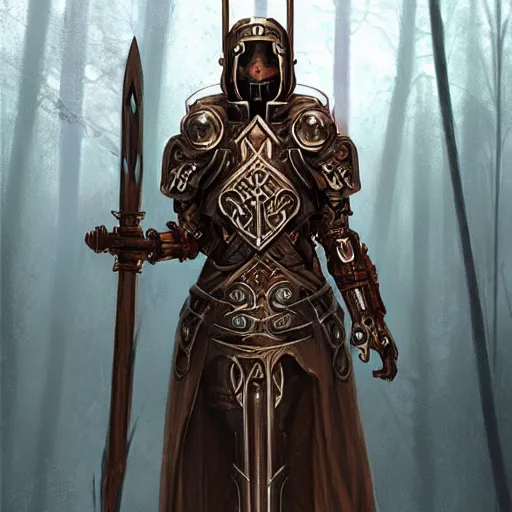 Prompt: beautiful magical warforged construct humanoid wood steel holy warrior crusader runes norse runes germanic warforged tunic hooded cloak runic, intricate, elegant, highly detailed, digital painting, artstation, concept art, smooth, sharp focus, illustration, art by artgerm and greg rutkowski and alphonse mucha and loish and wlop