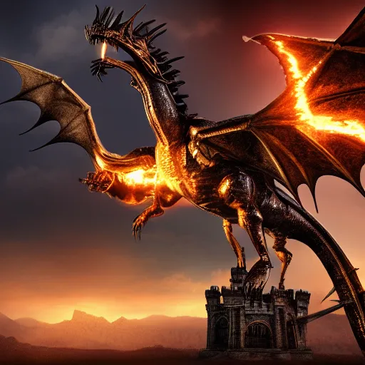 Prompt: photo of a steampunk dragon breathing fire in front of a medieval castle, 4k, highly detailed