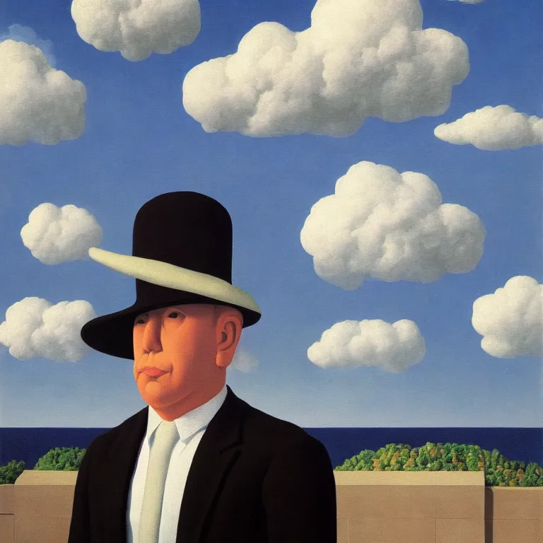 Image similar to cloud - man, by rene magritte, centered, detailed painting, hd, hq, high resolution, high detail, 4 k, 8 k