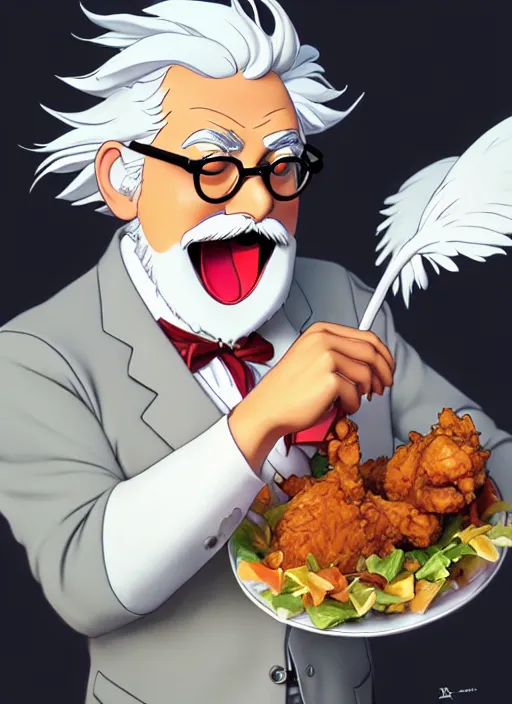 Image similar to cute colonel sanders eating fried chicken, natural lighting, path traced, highly detailed, high quality, digital painting, by don bluth and ross tran and studio ghibli and alphonse mucha, artgerm