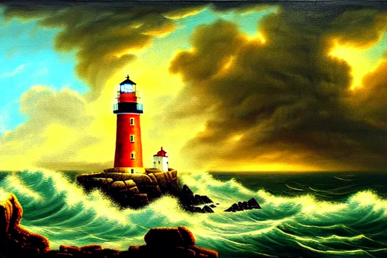 Image similar to a painting of a lighthouse built on seashore rocky cliff with stormy waves crashing into the rocks and sea birds flying in the golden hour, in the style of john martin, digital art