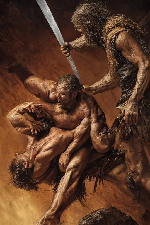 Image similar to hyperrealistic mixed media painting of biblical Cain stabbing Abel with a spear, masculine and rugged, stunning 3d render inspired art by P. Craig Russell and Barry Windsor-Smith + perfect facial symmetry + dim volumetric lighting, 8k octane beautifully detailed render, post-processing, extremely hyperdetailed, intricate, epic composition, grim yet sparkling atmosphere, cinematic lighting + masterpiece, trending on artstation, very very detailed, masterpiece, stunning