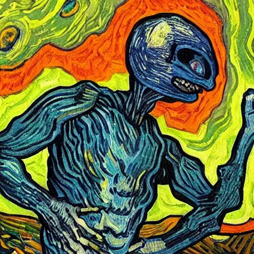 Prompt: alien at a bonfire, painted by van gogh