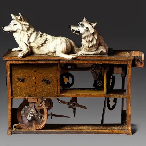 Prompt: 19th century mechanical automata depicting a wolf in a workshop