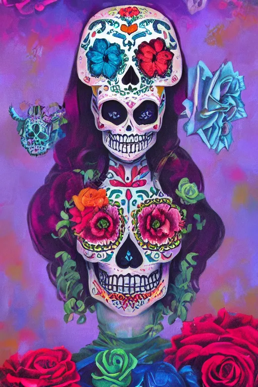 Image similar to Illustration of a sugar skull day of the dead girl, art by Paul Lehr