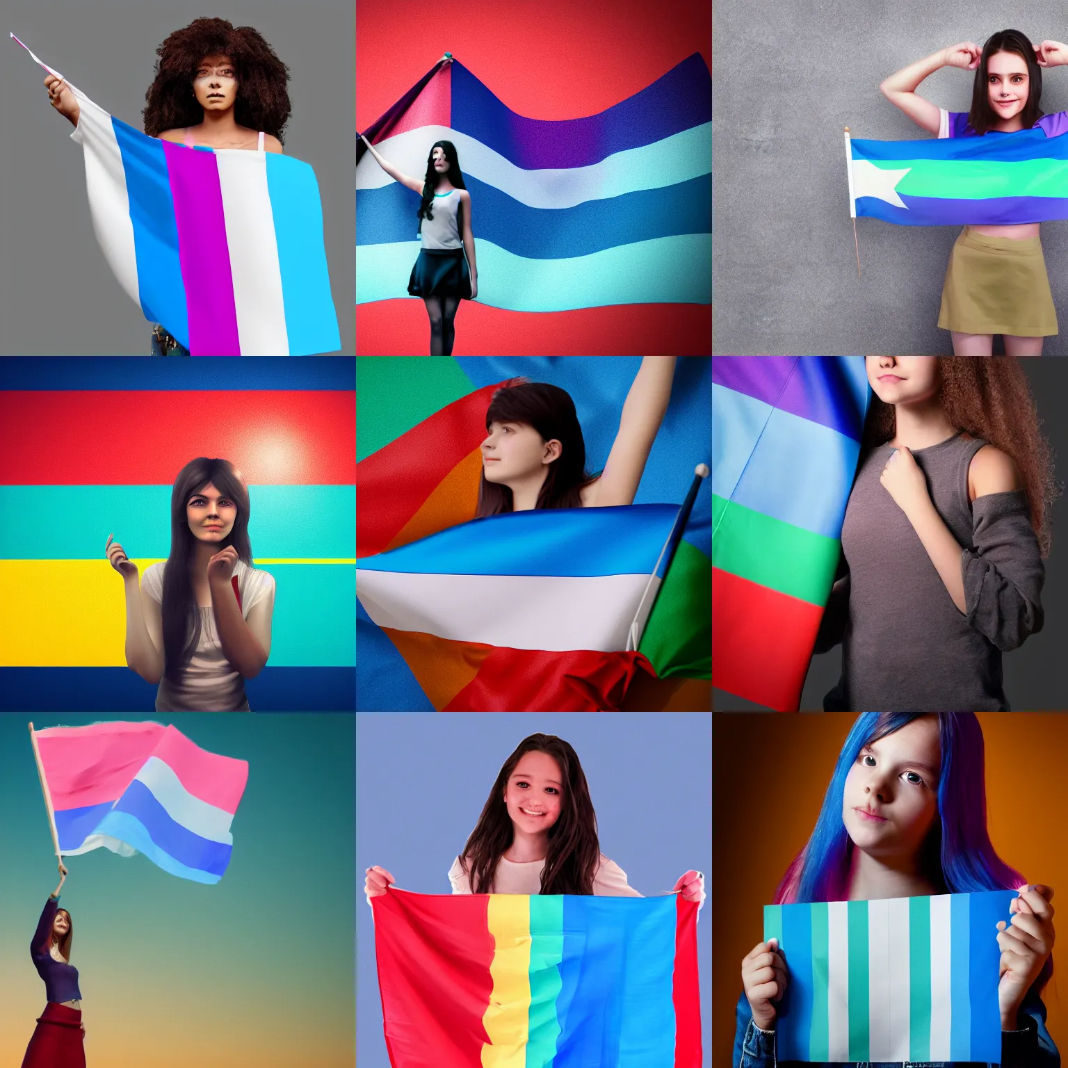 Prompt: a girl holding a trans flag, happy, artstation, digital art, smooth, high quality, 8k