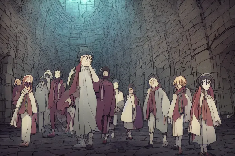 Image similar to cell shaded anime key visual of a group of eskimos in an underground gothic cathedral in the style of studio ghibli, moebius, makoto shinkai, dramatic lighting