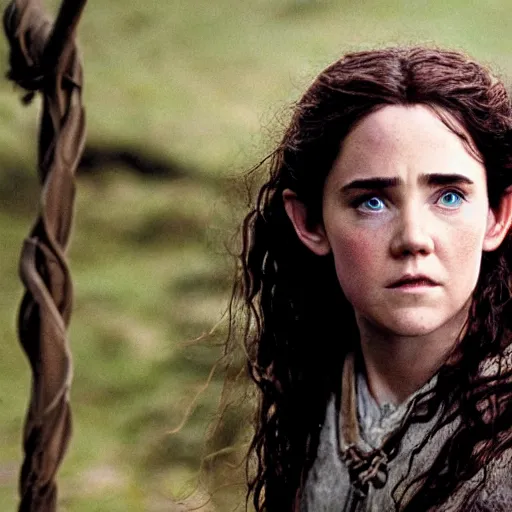 Image similar to first photos of 2 0 2 4 female lotr remake - jennifer connelly as samwise, ( eos 5 ds r, iso 1 0 0, f / 8, 1 / 1 2 5, 8 4 mm, postprocessed, crisp face, facial features )