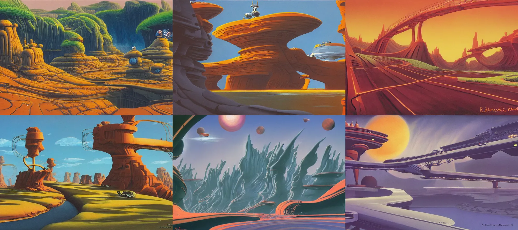 Prompt: Rakotzbrücke landscape in the style of Dr. Seuss, starships, painting by Ralph McQuarrie