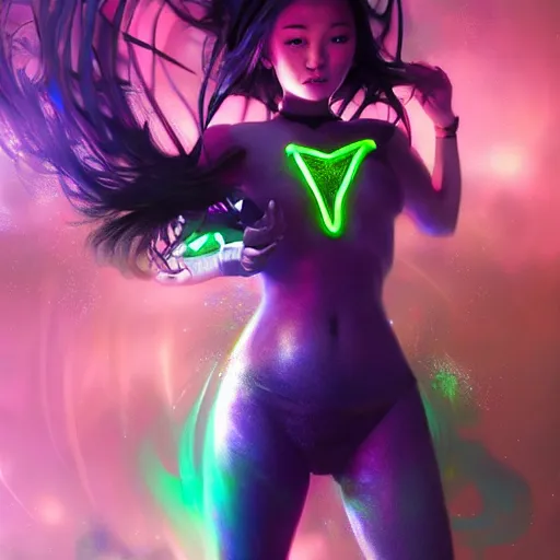 Image similar to asian gorgeous nora _ kyzy in neon future aether gear, hyperrealistic full figure, otherwordly dimension, art of elysium by frank frazetta and by jeremy mann and by alphonse mucha, fantasy art, photo realistic, dynamic lighting, artstation, full figure poster, volumetric lighting, very detailed face, 4 k, award winning