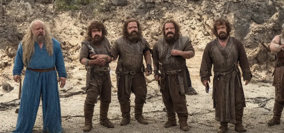 Image similar to Eitri (played by Peter Dinklage), Gimli (played by John Rhys-Davies), and Papa Smurf (played by Kenny Rogers) . Competing in an episode of the History Channel's Forged In Fire