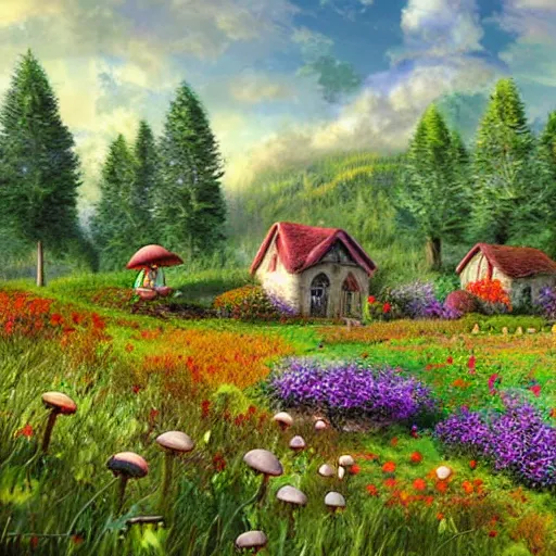 Prompt: Realistic digital art of mushroom cottage village on a colorful meadow, cottagecore vista concept art by Ed Binkley