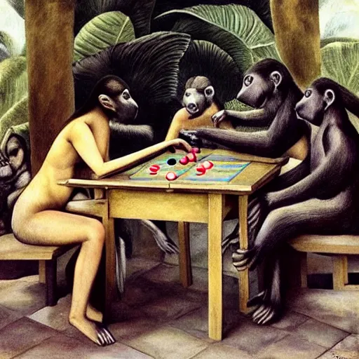 Prompt: a beautiful street art of a group of monkeys playing backgammon. the monkeys are seated around a table, with some of them appearing to be deep in concentration while others appear to be playing more casually. by philip wilson steer, by francesca woodman, by frida kahlo serene, sad