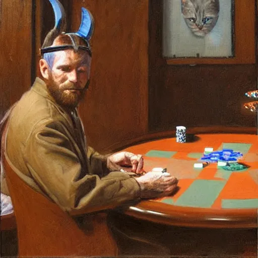 Image similar to man with fur and cat ears, playing poker, by donato giancola