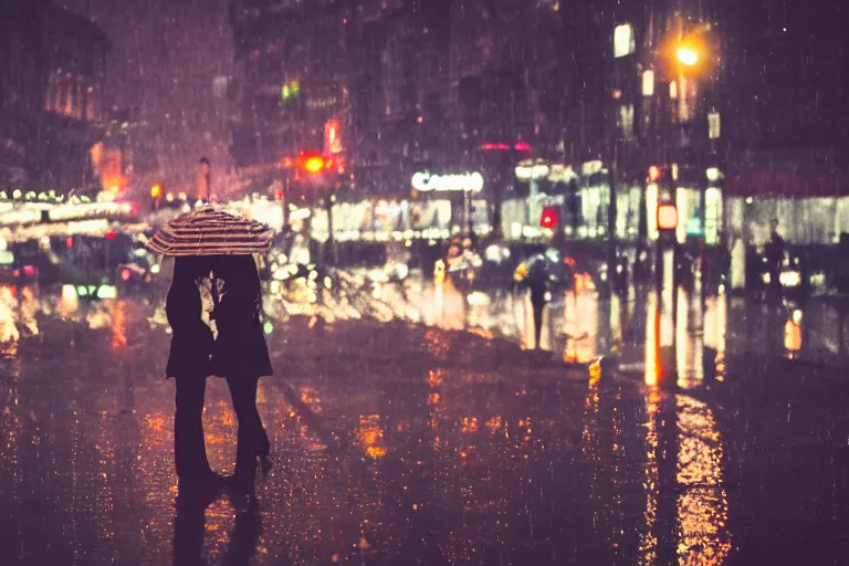 Image similar to canon, 300mm, bokeh, city at night, raining, reflections, people with umbrellas