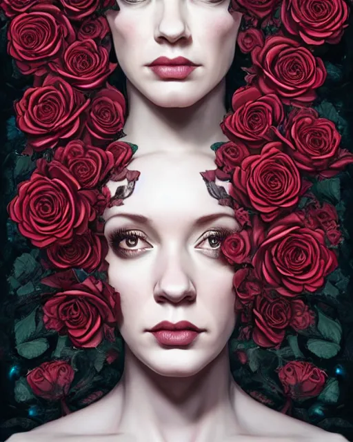 Image similar to perfectly - centered!! looking camera!! symmetrical!! portrait of christina hendricks with roses, baroque, roses, intricate abstract upper body intricate artwork, by tooth wu, wlop, beeple, dan mumford. concept art, octane render, deviantart, greg rutkowski, cinematic arthouse, key art, hyper realism, iridescent accents