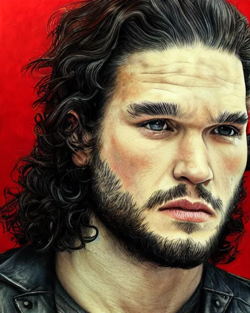 Prompt: portrait of kit harrington, gritty, dark, wearing a leather jacket, very detailed eyes, hyperrealistic, very detailed painting by Glenn Fabry, by Joao Ruas, by Artgerm