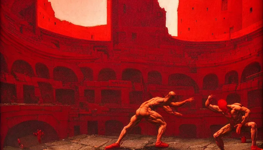 Image similar to only with red, a red gladiator in a crowded roman amphitheatre, crowd cheers him, in the style of beksinski, parts by edward hopper, parts by rodcenko, parts by yue minjun, intricate and epic composition, red by caravaggio, insane quality, highly detailed, masterpiece, red light, artstation