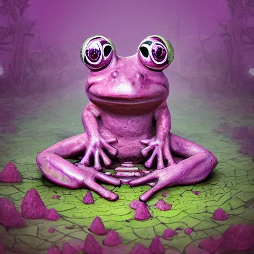 Prompt: A frog statue buried in a pink forest, full of tropical plants, ,digital art, well detailed, Lovecraft, horror, creepy, 8k