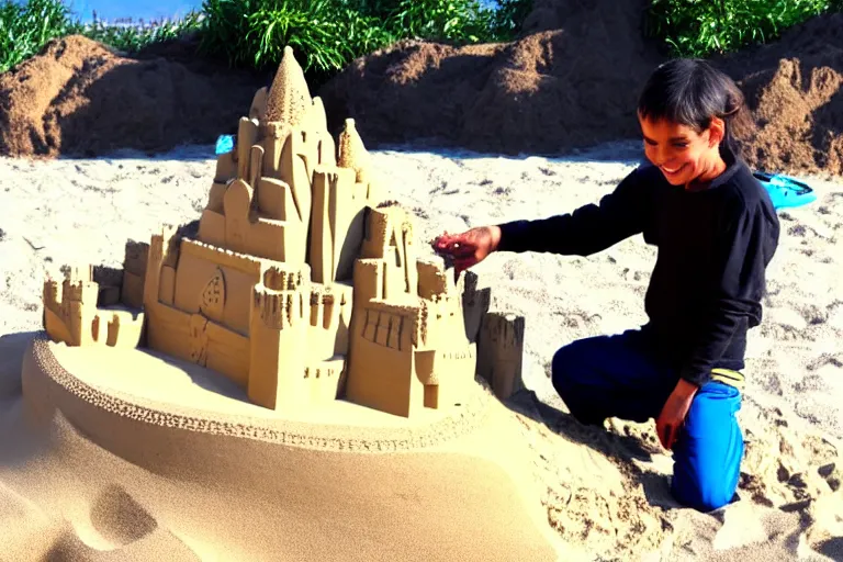 Image similar to a monkey touching a completed sand castle