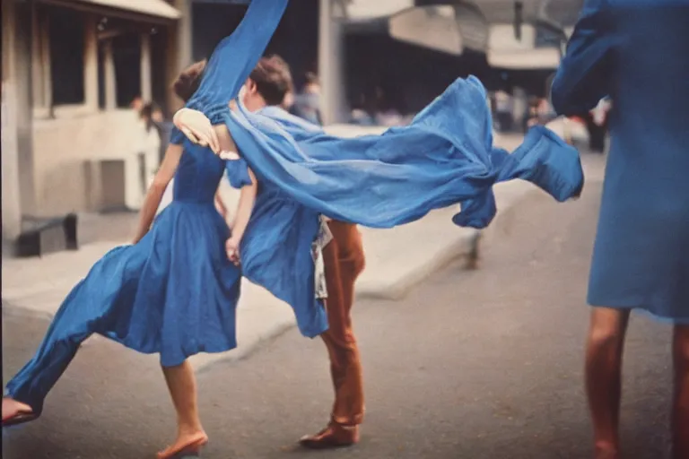 Image similar to film photography, 35mm, 1970s, love and romantic in blue colors, feeling of young and freedom, in style of Joel Meyerowitz