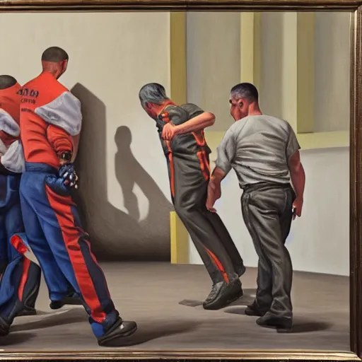 Image similar to hyperrealism painting of prisoners scheming to escape prison while guards are distracted by a fight