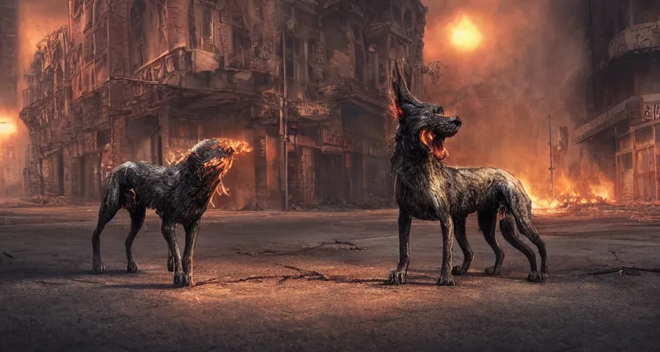 Image similar to A beautiful hyperrealistic ultradetailed matte painting of a demonic Hellhound on fire standing in the middle of city street at night in an abandoned post-apocalyptic city, unreal engine, deviant art, flickr, artstation, octane render, textured, colorful, hyperrealistic, physically based rendering, pbr render, very detailed, volumetric lighting, octane render, 4k, cinematic, 8k resolution,