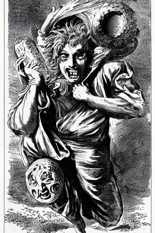 Prompt: 1 9 th century wood - engraving of a ecstatic man named dio brando holding a stone mask over his head, whole page illustration from jules verne book titled phantom blood, art by edouard riou jules ferat and henri de montaut, portrait, high quality, beautiful, highly detailed, removed watermarks