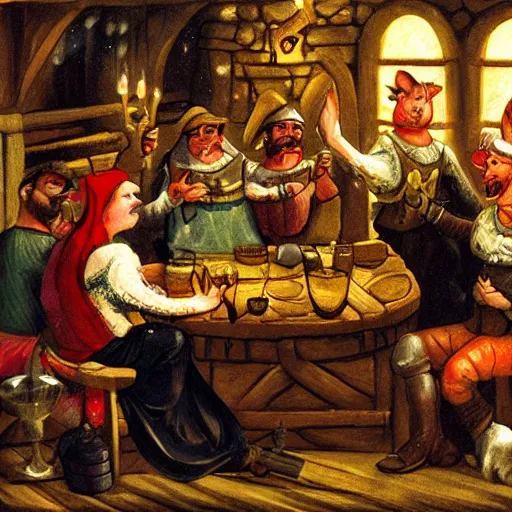 Image similar to Drunken jolly cat patrons in a medieval tavern enjoying the evening | fantasy art