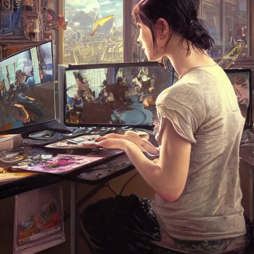 Image similar to a computer graphics artist with a ballcap in a messy room at the computer animating, ultra realistic, concept art, intricate details, serious, highly detailed, photorealistic, octane render, 8 k, unreal engine. art by artgerm and greg rutk owski and alphonse mucha