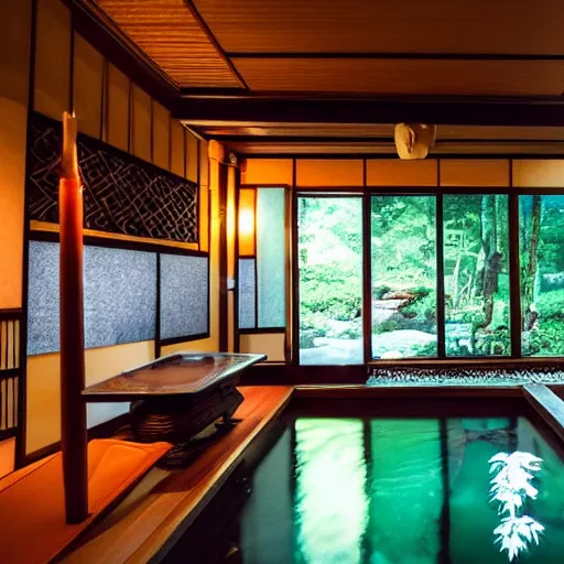 Prompt: inside a dimly lit cozy dark wooden Japanese house with a indoor koi pond at night raining, bonsai trees, fireflies, wild flowers, raining, night time