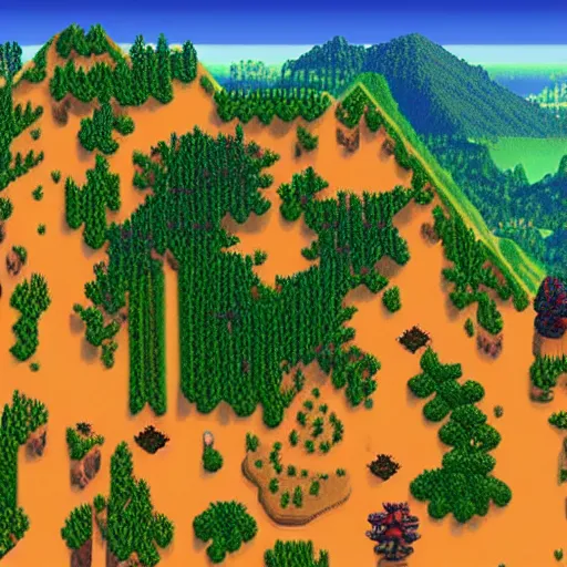 Image similar to aerial photorealistic view 3d terrain stardew valley