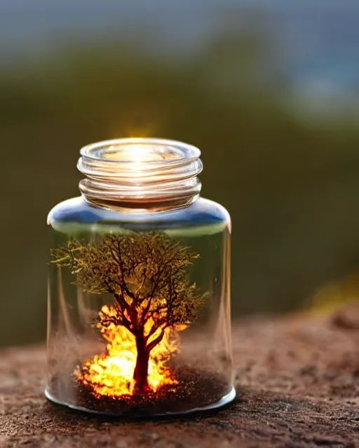 Prompt: glass jar with a miniature burning! tree inside, standing on a cliff, bokeh, ocean in the background, metal lid, dramatic lighting, hyperrealistic, volumentric lighting, highly detailed