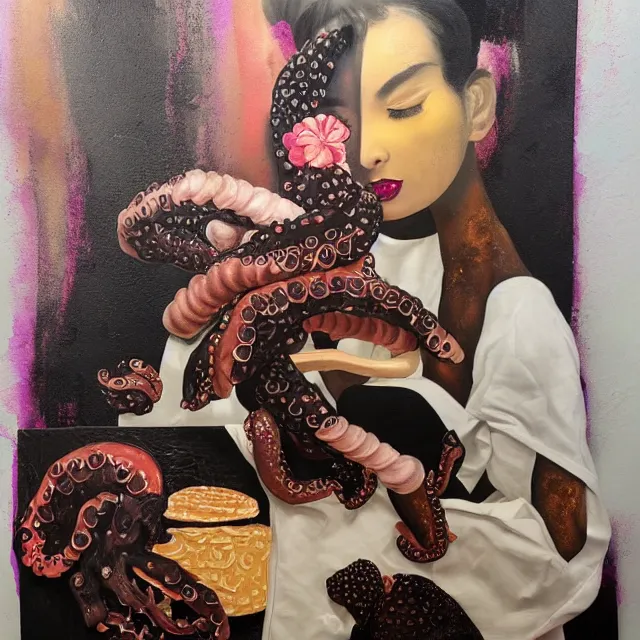 Image similar to sensual, a portrait in a female art student's bedroom, black walls, a woman sitting on a bed made of pancakes, honey dripping, berries dripping, chocolate, surgical supplies, ikebana, octopus, neo - expressionism, surrealism, acrylic and spray paint and oilstick on canvas