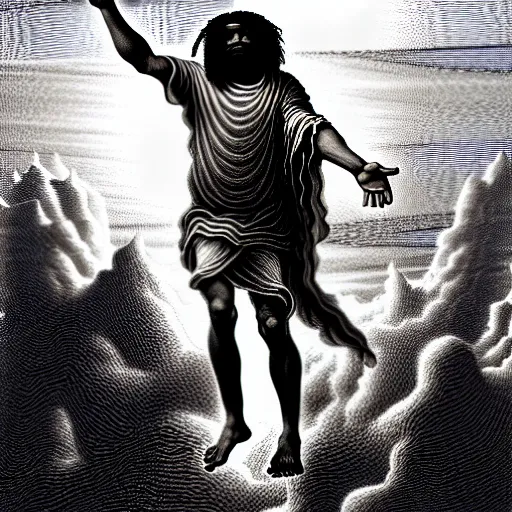 Image similar to cheef keef ascending into heaven holding cup of lean, biblical image, style of gustave dore, highly detailed, beautiful, high contrast, black and white