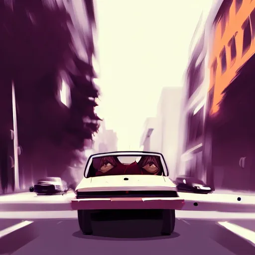 Image similar to pretty women dodging a moving car, photorealistic, in the style of greg rutkowski, detailed face, full body