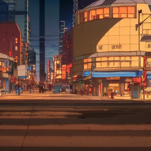 Prompt: Still frame from an anime OVA by Makoto Shinkai depicting the city of Calgary at street level, detailed with bright lights, reflections and shadows.