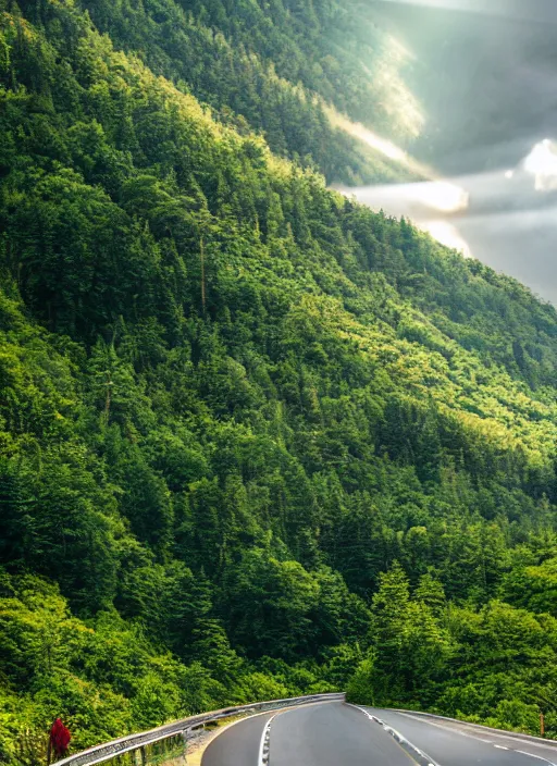 Image similar to a 2 8 mm macro photo of a winding mountain highway, fluffy clouds at sunset, lush greenery, splash art, movie still, bokeh, canon 5 0 mm, cinematic lighting, dramatic, film, photography, golden hour, depth of field, award - winning, anamorphic lens flare, 8 k, hyper detailed, 3 5 mm film grain, hazy