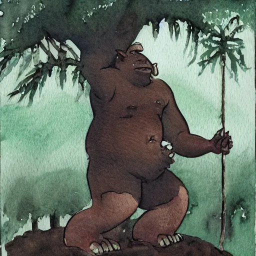 Prompt: a watercolour painting of a giant ogre using a tree for a club