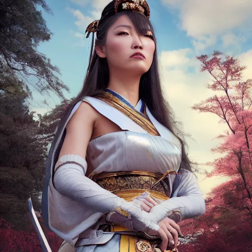 Image similar to full body portrait fashion editorial of beauty charming woman as a warrior godly princess in feudal japan making a sacrifice at the top of the Asian temple, clear makeup, clean hair, dry skin, clear skin, airbrushed, bright eye makeup, femine warrior body, photo by mario testino, 8k octane render, cinematic, hyper detailed, micro details, insanely detailed, trending on artstation, concept art, Peter Paul Rubens and Peter Mohrbacher style