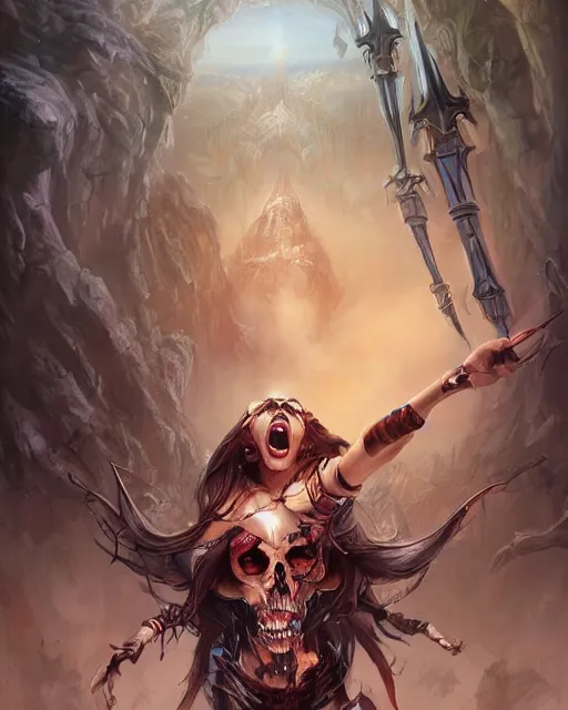 Image similar to death is swallowed up in victory, very detailed and beautiful womans face, screaming with fear, artwork by artgerm, centered shot, wide angle, full body, elfpunk, landscape art by tyler edlin