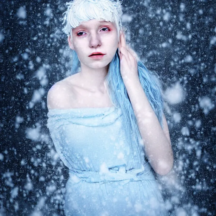 Image similar to a sickly looking young woman dying of hypothermia, with very white skin and pale blue hair wearing a long white summer dress made out of snowflakes in the middle of a heavy snowstorm. pale light blue lips. full body digital portrait by maromi sagi