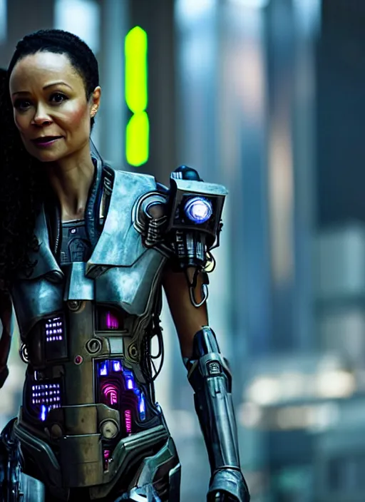 Image similar to thandiwe newton wearing cyberpunk armor in a utopian solarpunk city, photorealistic, 8 k hd resolution