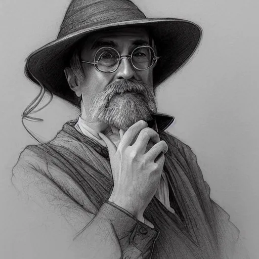 Prompt: beautiful lifelike award winning pencil illustration of terry pratchett trending on art station artgerm greg rutkowski alphonse mucha museum quality cinematic atmospheric