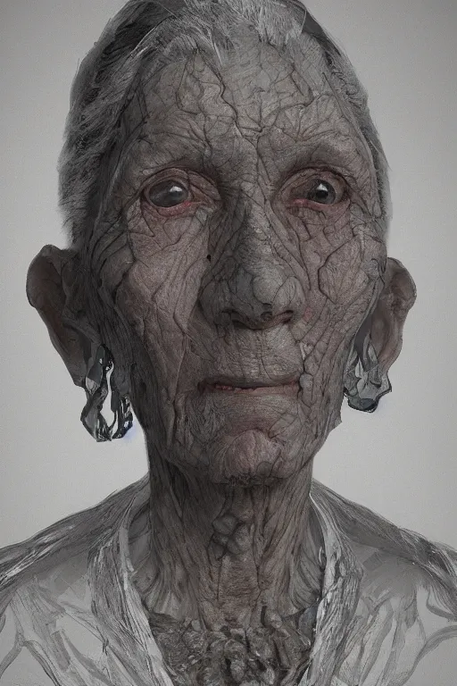 Prompt: portrait of a old woman with cracked reaction diffusion skin. high detail, by Eddie Mendoza