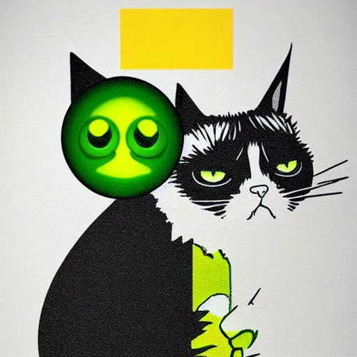 Image similar to grumpy cat with a vintage sci-fi CRT monitor for a head showing a glowing green pixelated emoji-style smiley face, matte gouche sci-fi ink illustartion on dark paper, highly detailed movie poster