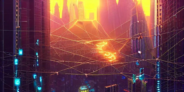 Image similar to glowing chains of interconnected network of technological cubes, in the middle of a futuristic cyberpunk dubai city, in the art style of dan mumford and marc simonetti, atmospheric lighting, intricate, volumetric lighting, beautiful, sharp focus, ultra detailed