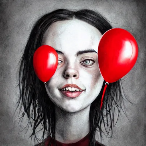 Image similar to surrealism grunge cartoon sketch of billie eilish with a wide smile and a red balloon by - michael karcz, loony toons style, horror theme, detailed, elegant, intricate